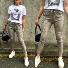 Mokka hnědé elastické mačkané kalhoty zdobené knoflíky BOTTOM