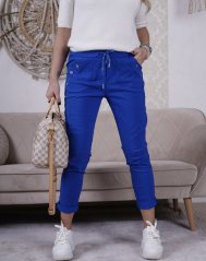 Královsky modré elastické mačkané kalhoty zdobené knoflíky BOTTOM