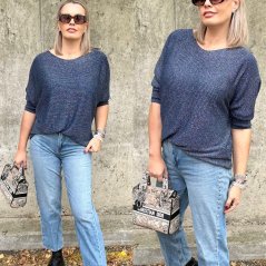 Tmavě modrý svetřík netopýřího střihu se stříbrnou nitkou GLIMMER