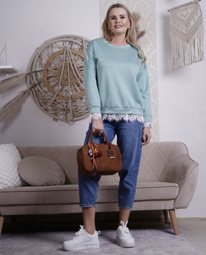Mintová mikina z máslového materiálu zdobená krajkou QUEEN