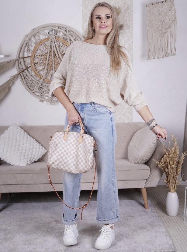 Béžový svetřík netopýřího střihu s mašlí na zádech BELLA BOW