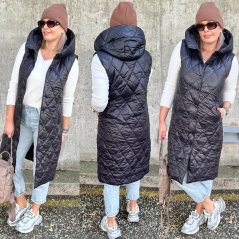 Černá dlouhá stylová prošívaná vesta s kapucí EMMA