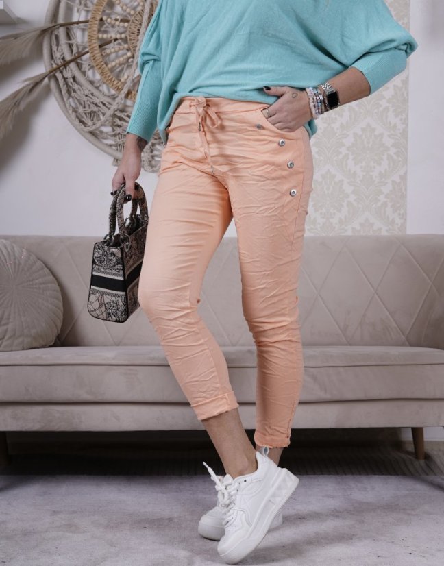 Lososové elastické mačkané kalhoty zdobené knoflíky BOTTOM