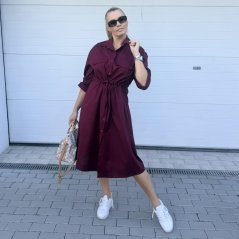 Burgundy červené dlouhé košilové šaty se stažením v pase VILLE