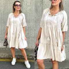 Světle béžové boho šaty s vyšívanými květy FRILANA