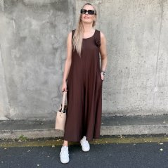 Čokoládově hnědý vzdušný overal s broží BELLE ROSE