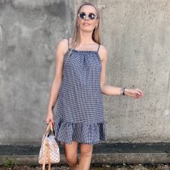 Bílé šaty na ramínka s jemnou tmavě modrou kostičkou PICNIC