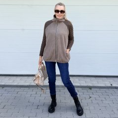 Tmavě mokka hnědá flaušová bunda s pletenými rukávy MIRELLA