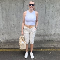 Béžové 3/4 elastické mačkané kalhoty s páskem CAPRI FLEX