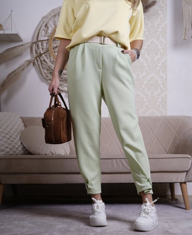 Mintově zelené kalhoty z máslového materiálu s béžovým páskem ELSA