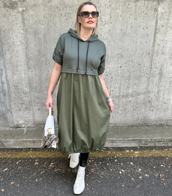 Khaki dlouhé kombinované balónové šaty LINSONNA