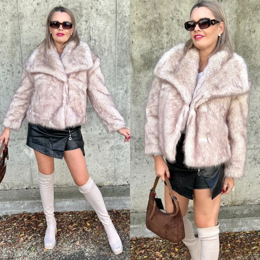 Béžový krátký kožich GLAM FUR - Velikost: UNI - Celková délka: 62 cm Prsa: 112 cm Délka rukávu od podpaží: 41 cm 