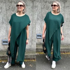 Smaragdově zelená elegantní souprava asymetrická halena a široké kalhoty AFRODITE