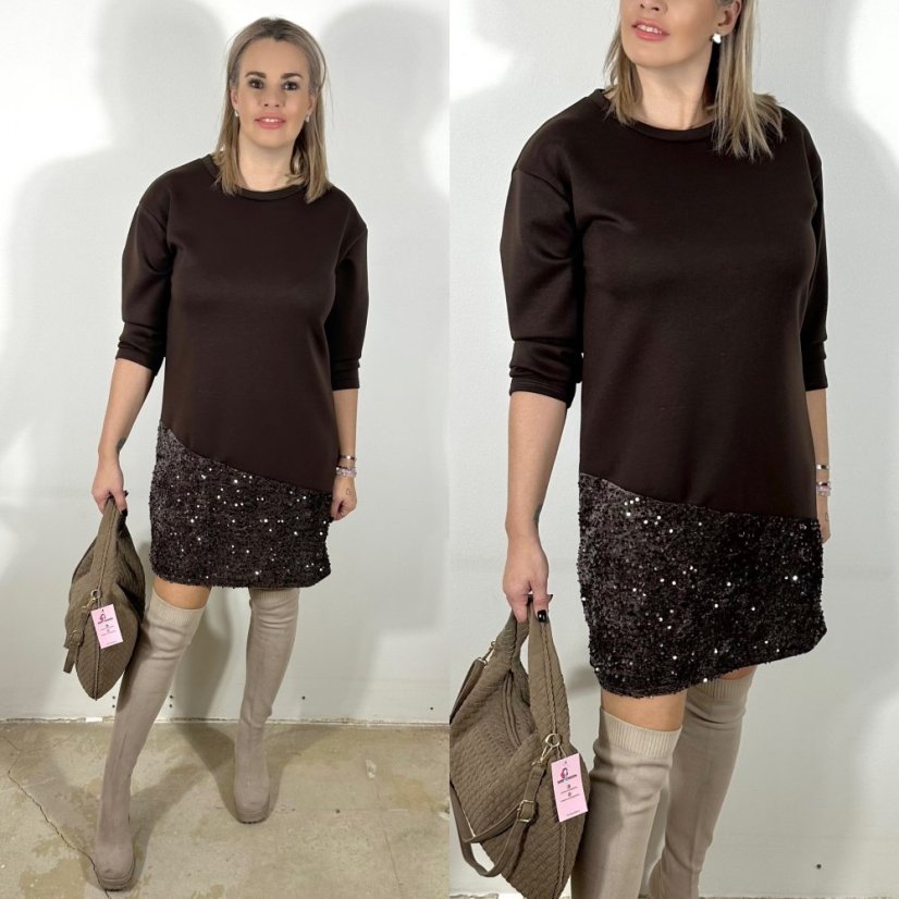 Čokoládově hnědé šaty z máslového materiálu zdobené flitry GLITZ