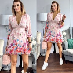 Pudrové krátké šaty s květy zdobené knoflíčky RASMI