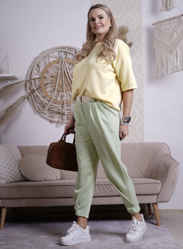 Mintově zelené kalhoty z máslového materiálu s béžovým páskem ELSA