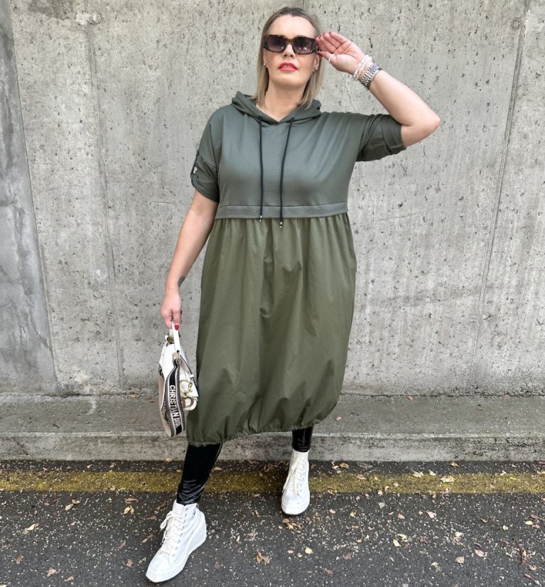 Khaki dlouhé kombinované balónové šaty LINSONNA