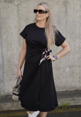 Černé midi šaty z máslového materiálu se stažením v pase BUTTER BOW