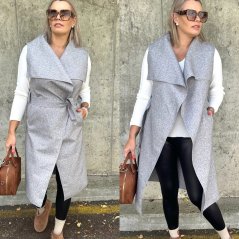 Šedá dlouhá flaušová vesta s velkým límcem MOULEN