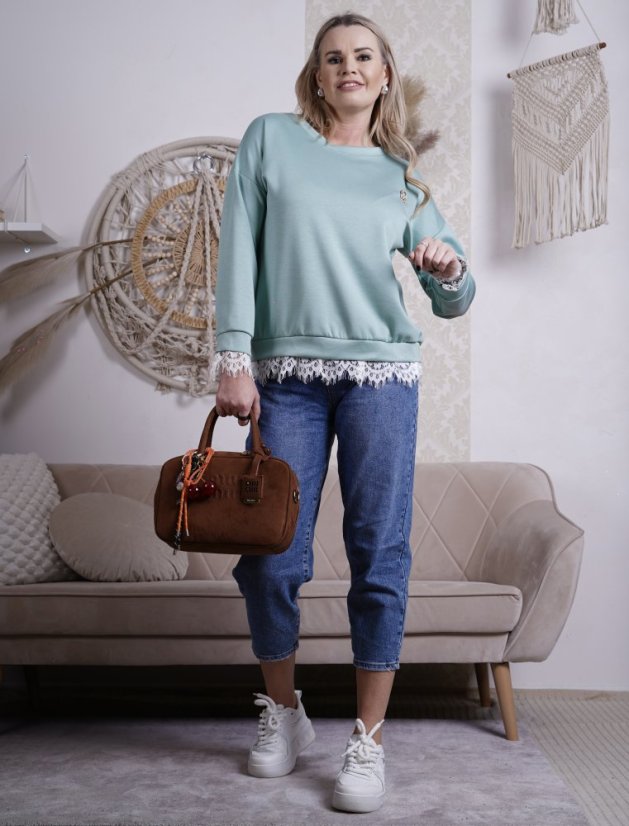 Mintová mikina z máslového materiálu zdobená krajkou QUEEN