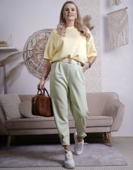 Mintově zelené kalhoty z máslového materiálu s béžovým páskem ELSA