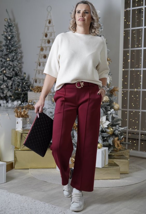 Burgundy červené širší kalhoty s páskem WIDE